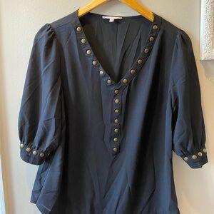 41 Hawthorn Black Blouse • Medium • Puff Sleeve • Bronze Detail